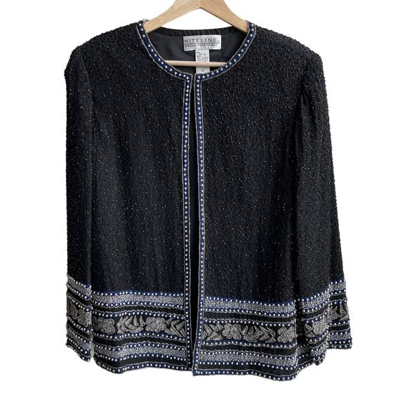 90s Vintage Beaded 100% Silk Evening Jacket Size S Black Blue Party Glam - Picture 4 of 15